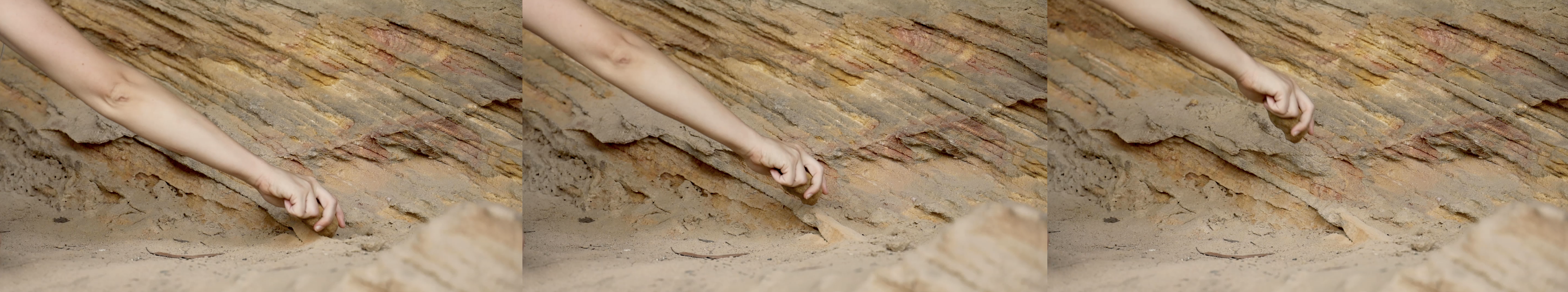 A composite image of a hand moving against sandstone.